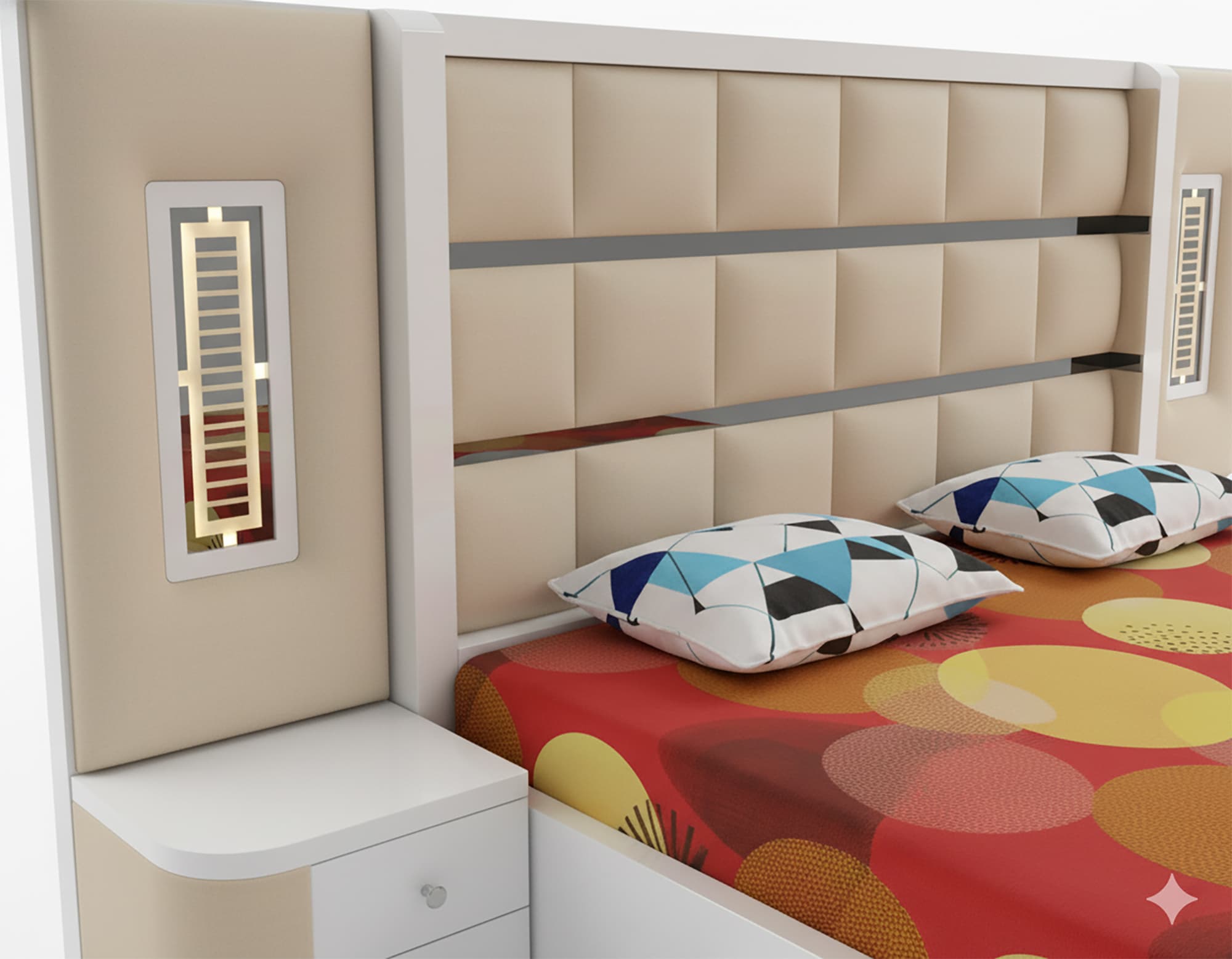 Modern Upholstered Platform Bed – White & Beige 5