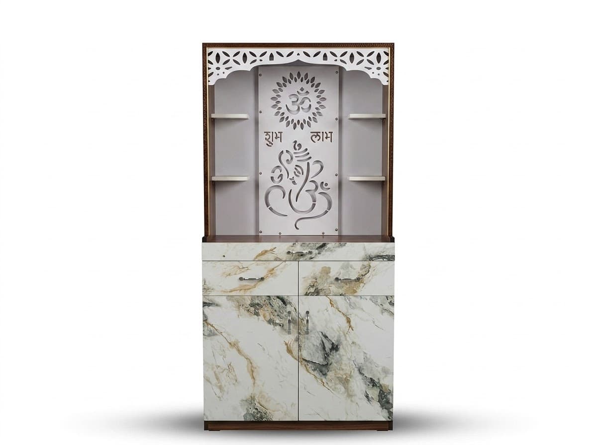 Elegant Wooden Home Temple with Marble-Finish Storage Cabinet 2