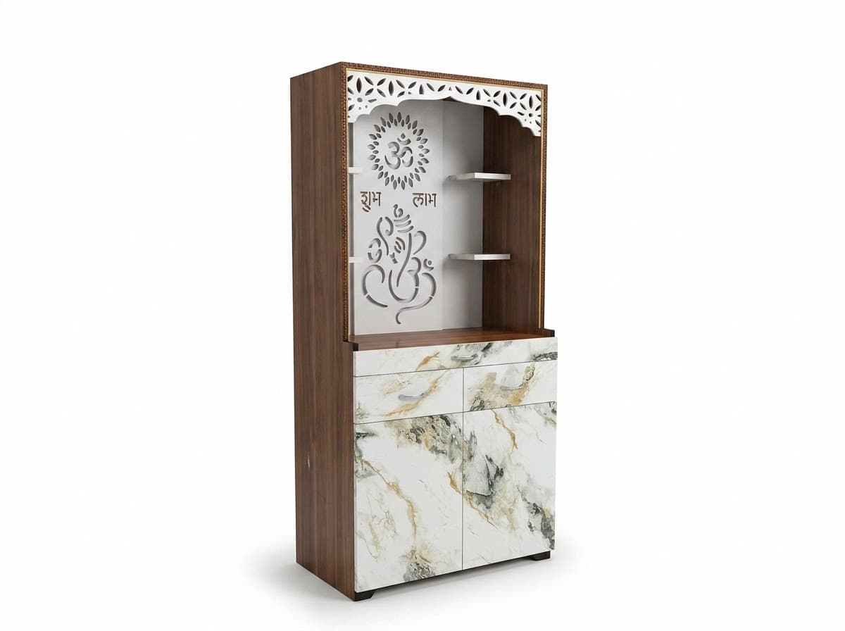 Elegant Wooden Home Temple with Marble-Finish Storage Cabinet 3