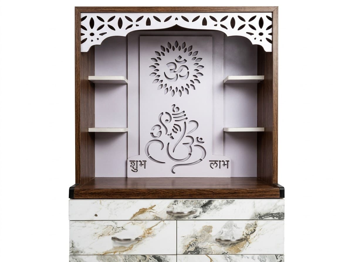 Elegant Wooden Home Temple with Marble-Finish Storage Cabinet 4