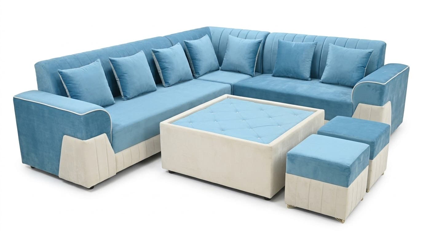 Luxury Blue Velvet L-Shaped Sofa Set with Ottoman 3