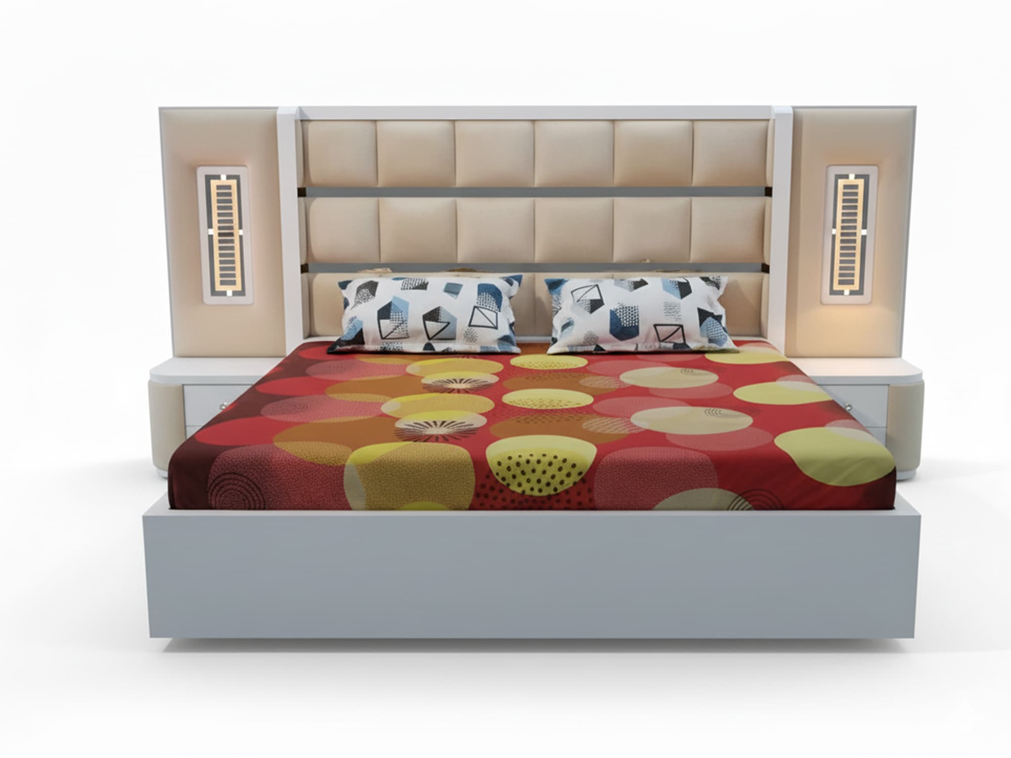 Modern Upholstered Platform Bed – White & Beige 2