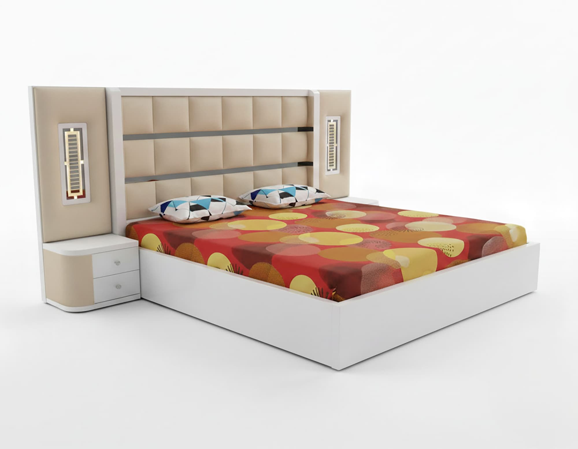 Modern Upholstered Platform Bed – White & Beige 3