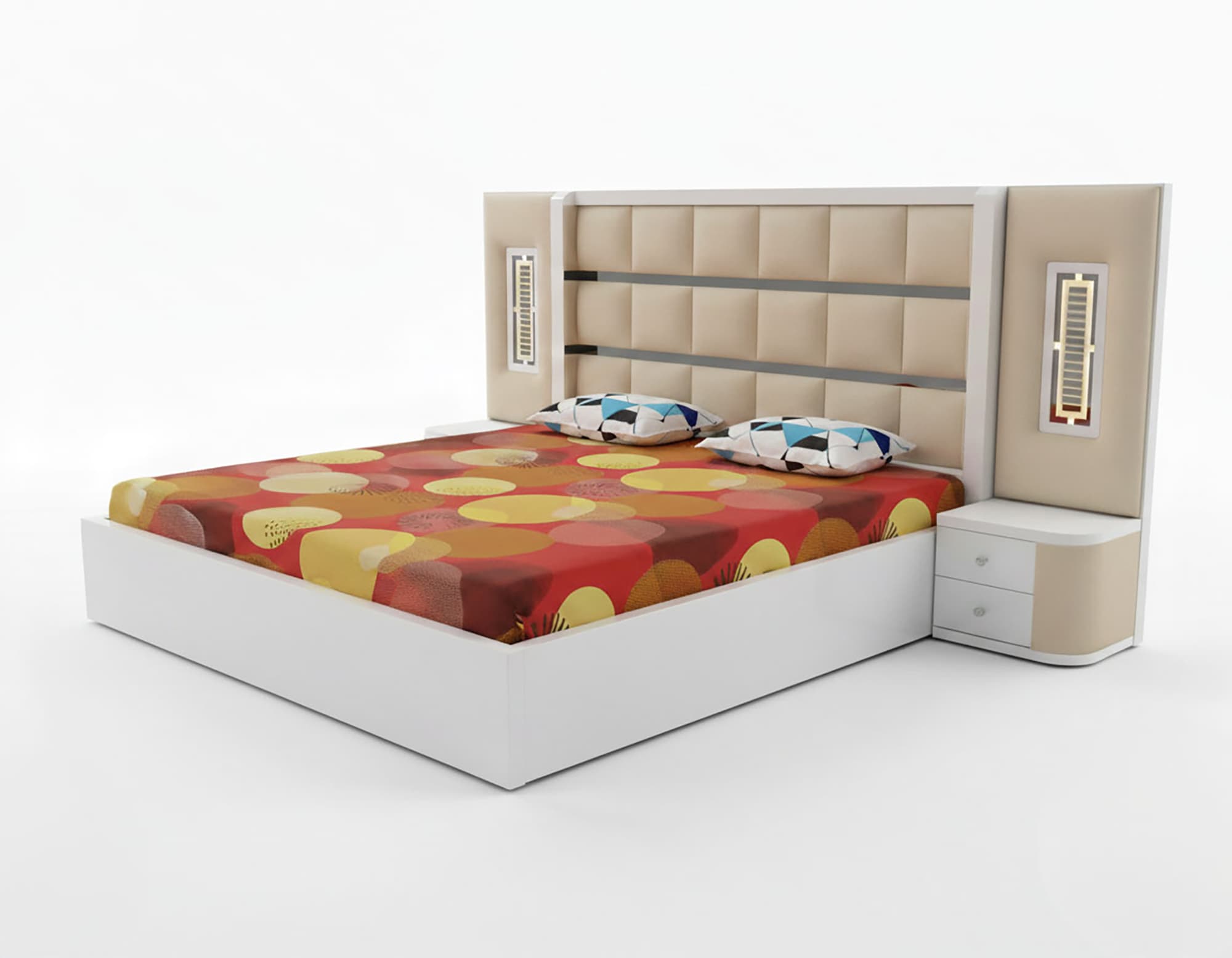 Modern Upholstered Platform Bed – White & Beige 4