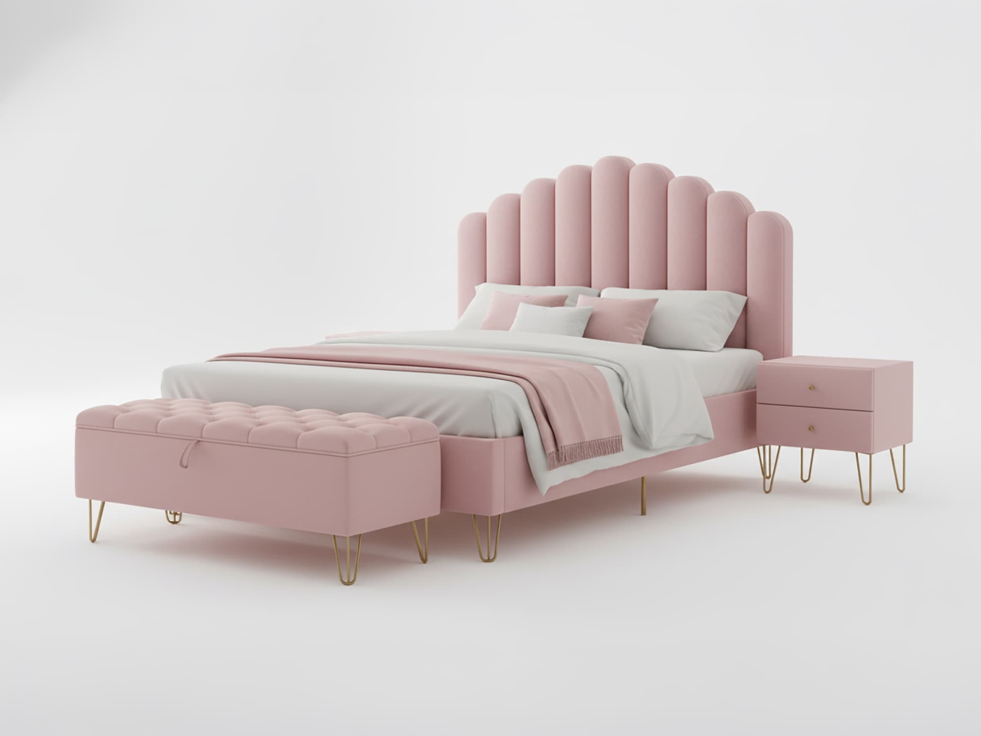 Modern Upholstered Designer Bed with Scalloped Headboard 4