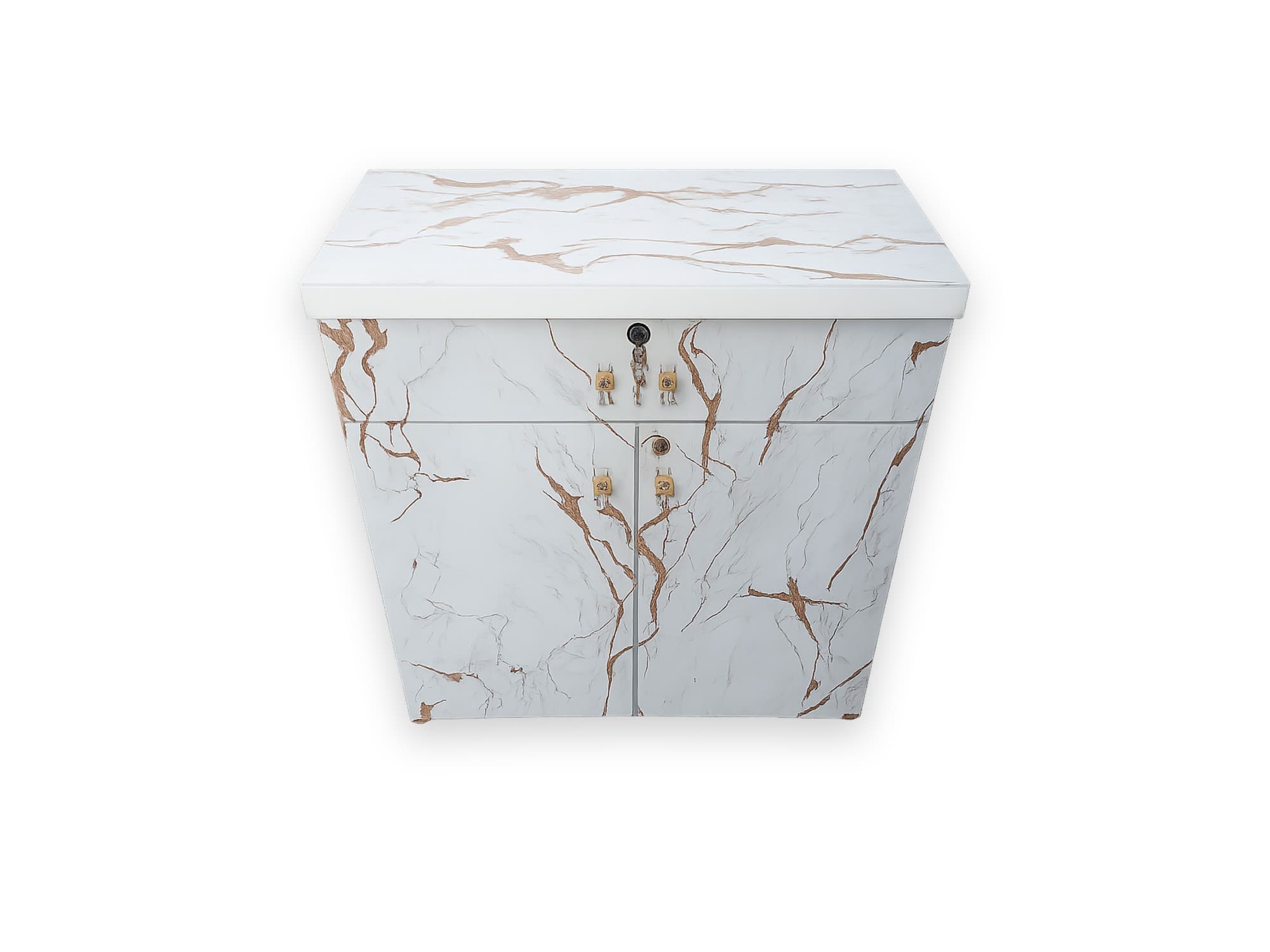 Modern White Wardrobe Cabinet with Gold Hardware and Marble-Like Pattern 2