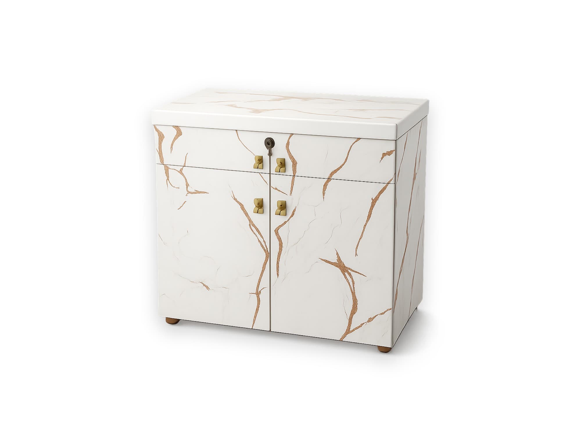 Modern White Wardrobe Cabinet with Gold Hardware and Marble-Like Pattern 4