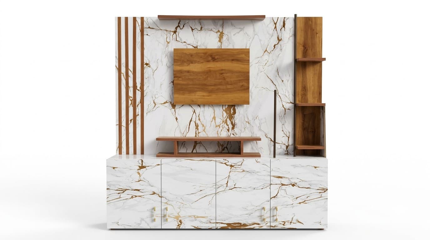 Modern Marble-Finish TV Unit with Wall Panel 2