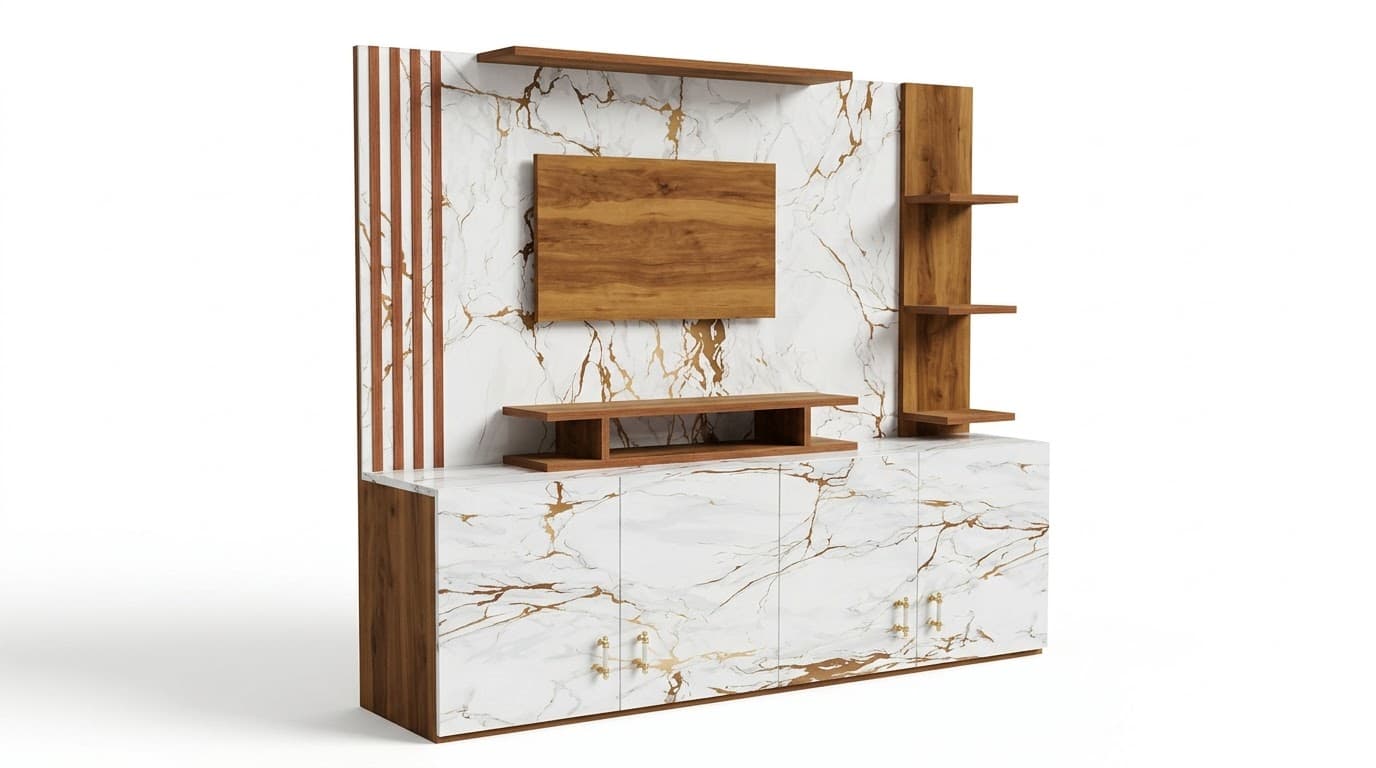 Modern Marble-Finish TV Unit with Wall Panel 3