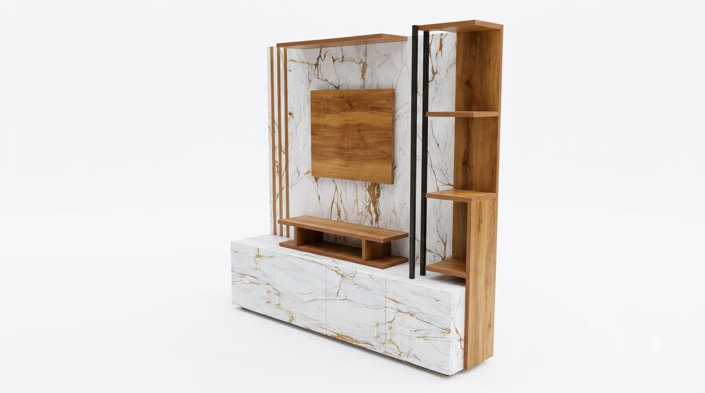 Modern Marble-Finish TV Unit with Wall Panel 4