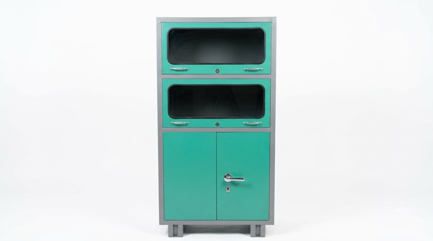 Teal Metal Storage Cabinet with Glass-Front Compartments 2
