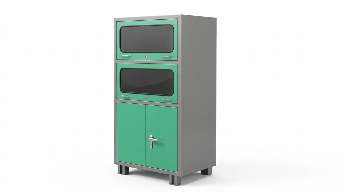 Teal Metal Storage Cabinet with Glass-Front Compartments 3