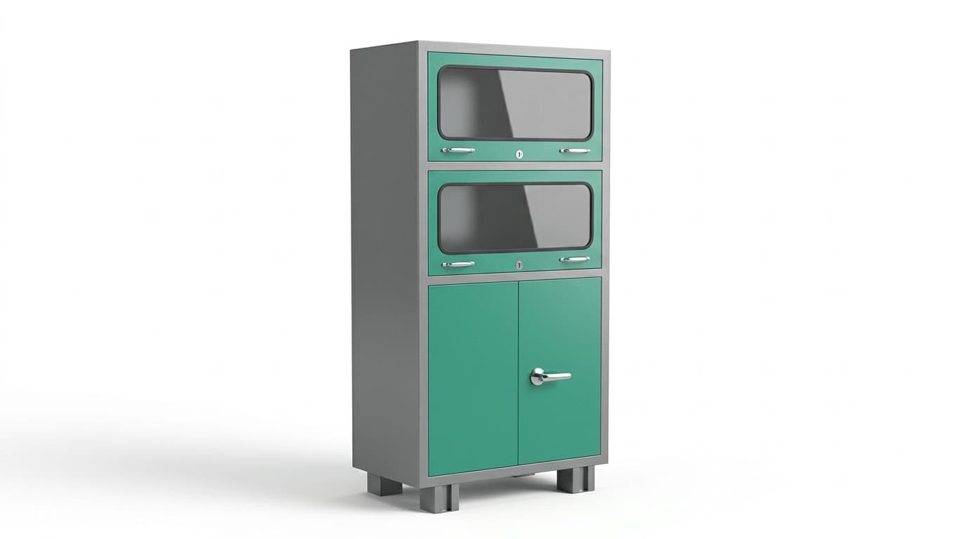 Teal Metal Storage Cabinet with Glass-Front Compartments 4