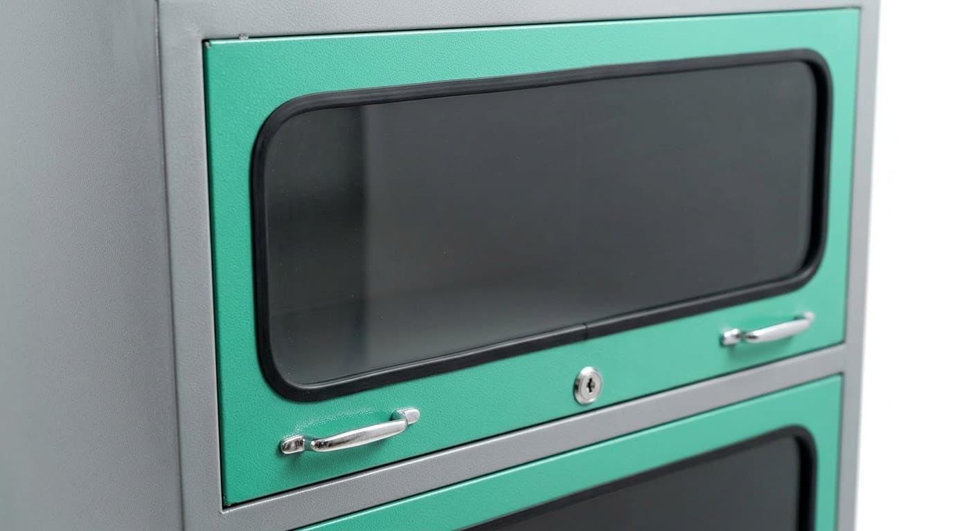 Teal Metal Storage Cabinet with Glass-Front Compartments 5