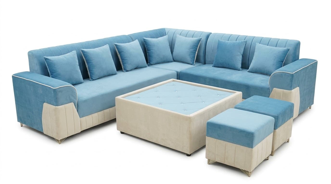 Luxury Blue Velvet L-Shaped Sofa Set with Ottoman 2