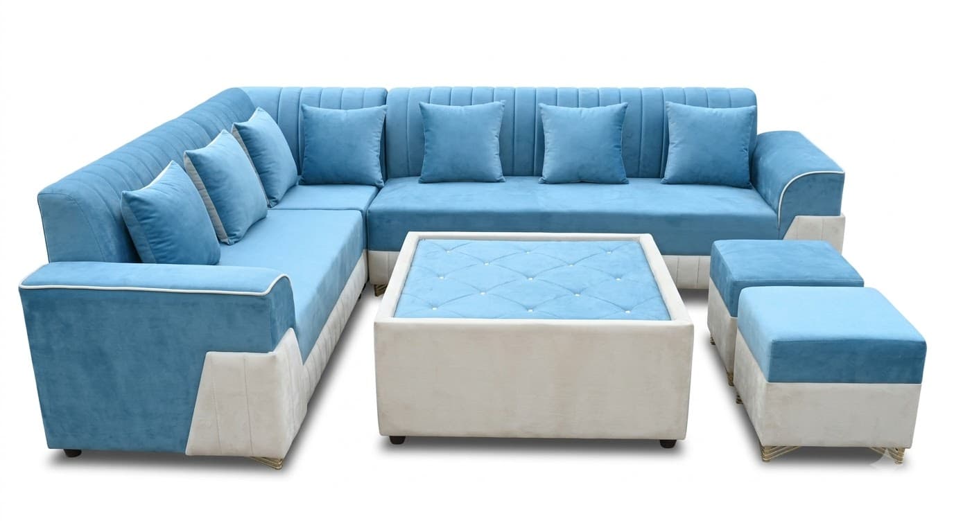 Luxury Blue Velvet L-Shaped Sofa Set with Ottoman 4