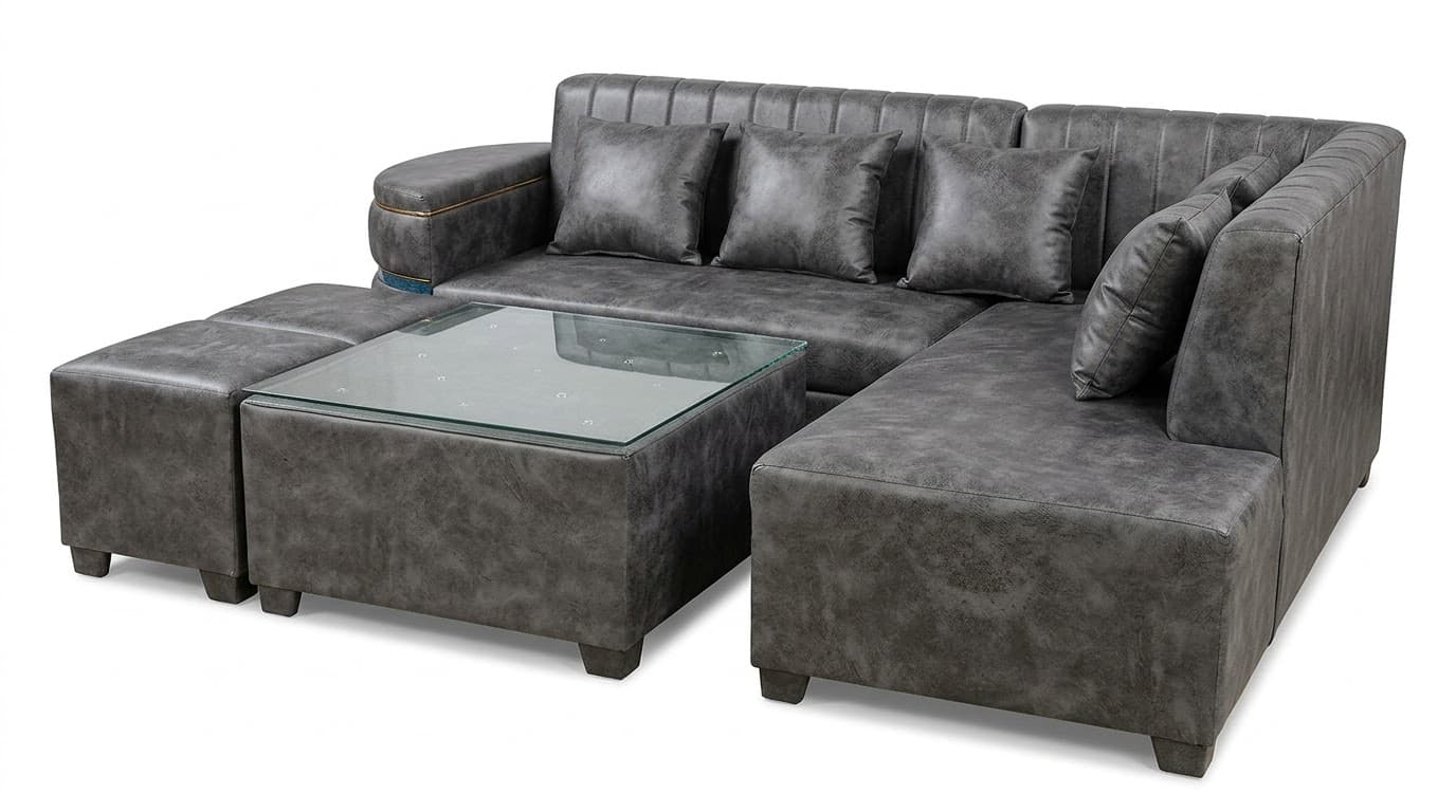 Modern Grey U-Shaped Sectional Sofa with Glass-Top Ottoman 2