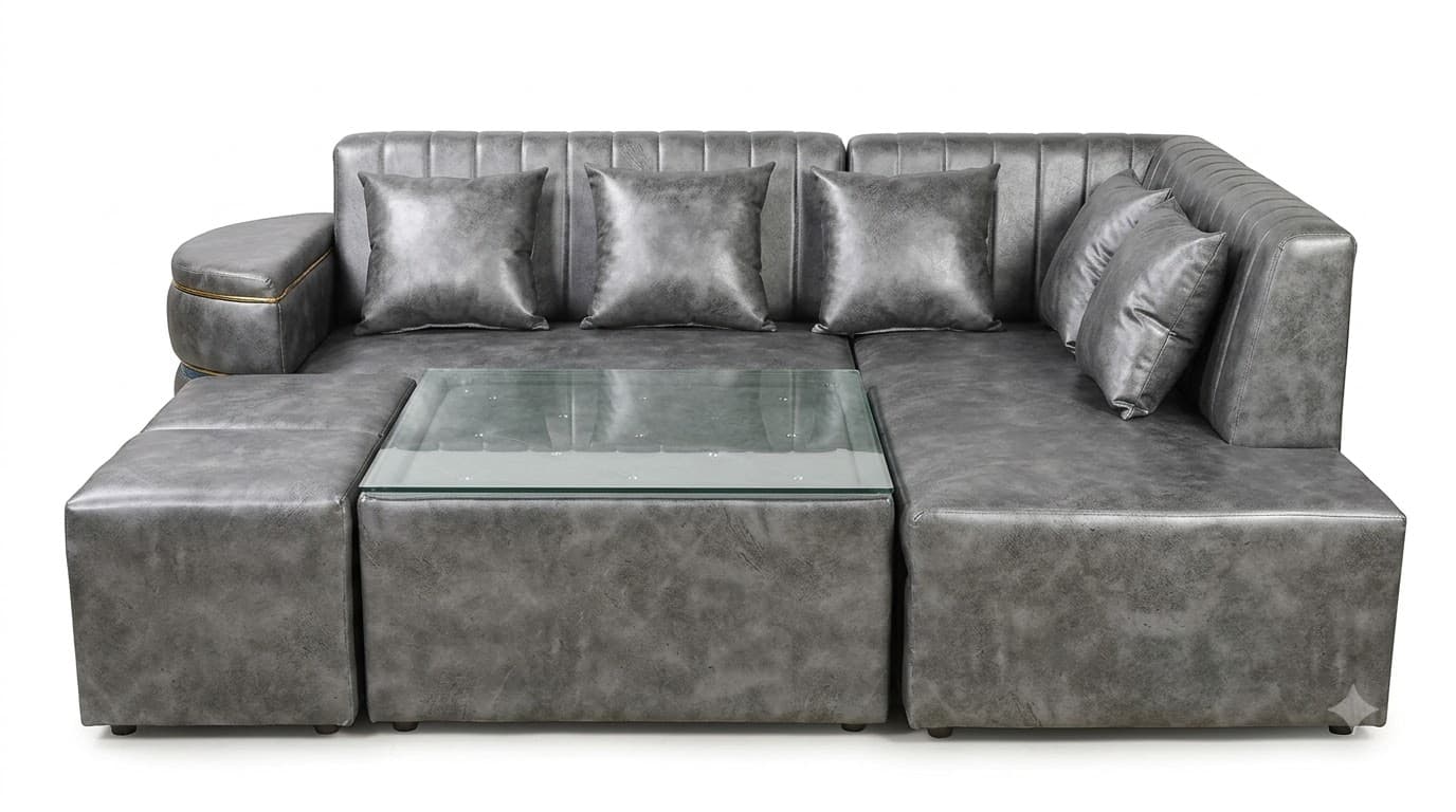 Modern Grey U-Shaped Sectional Sofa with Glass-Top Ottoman 3