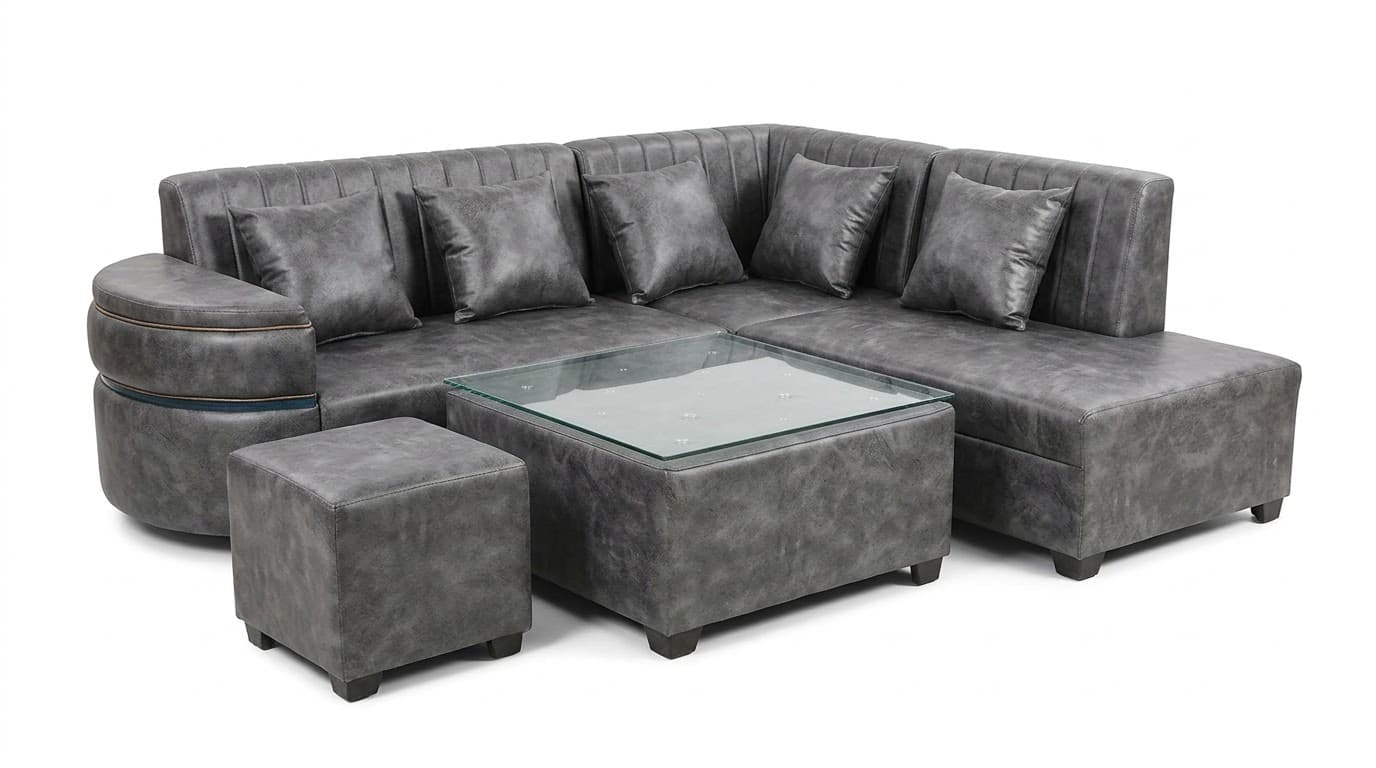 Modern Grey U-Shaped Sectional Sofa with Glass-Top Ottoman 4