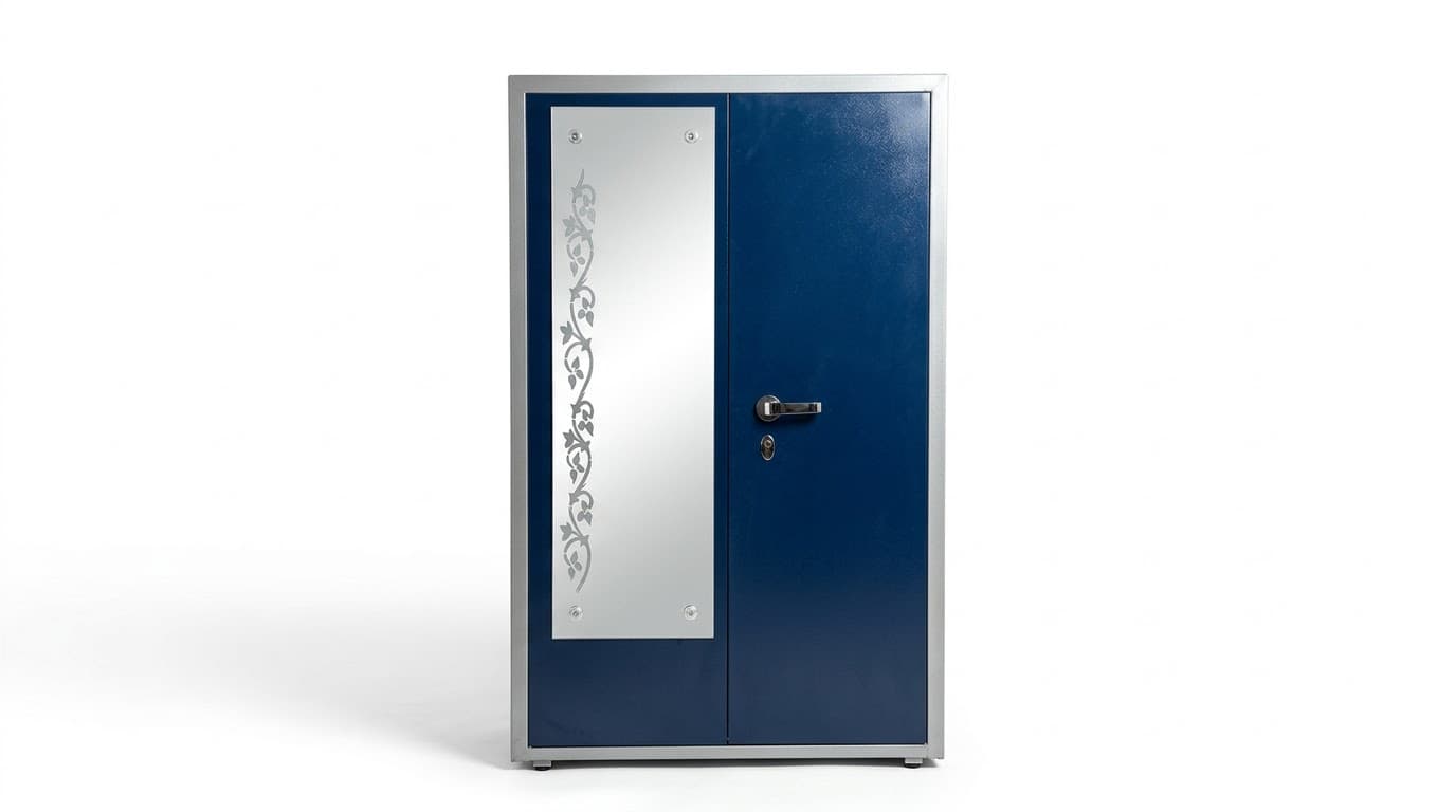 Modern Blue Metal Wardrobe with Decorative Mirror 2