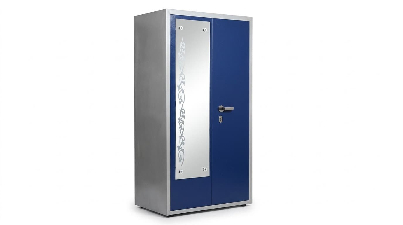 Modern Blue Metal Wardrobe with Decorative Mirror 3