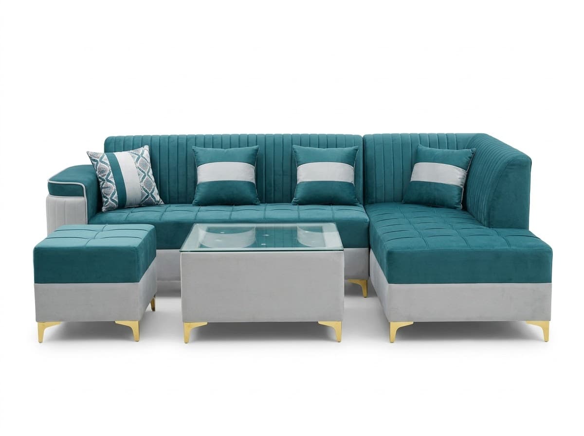 Teal & White L-Shaped Sectional Sofa 2