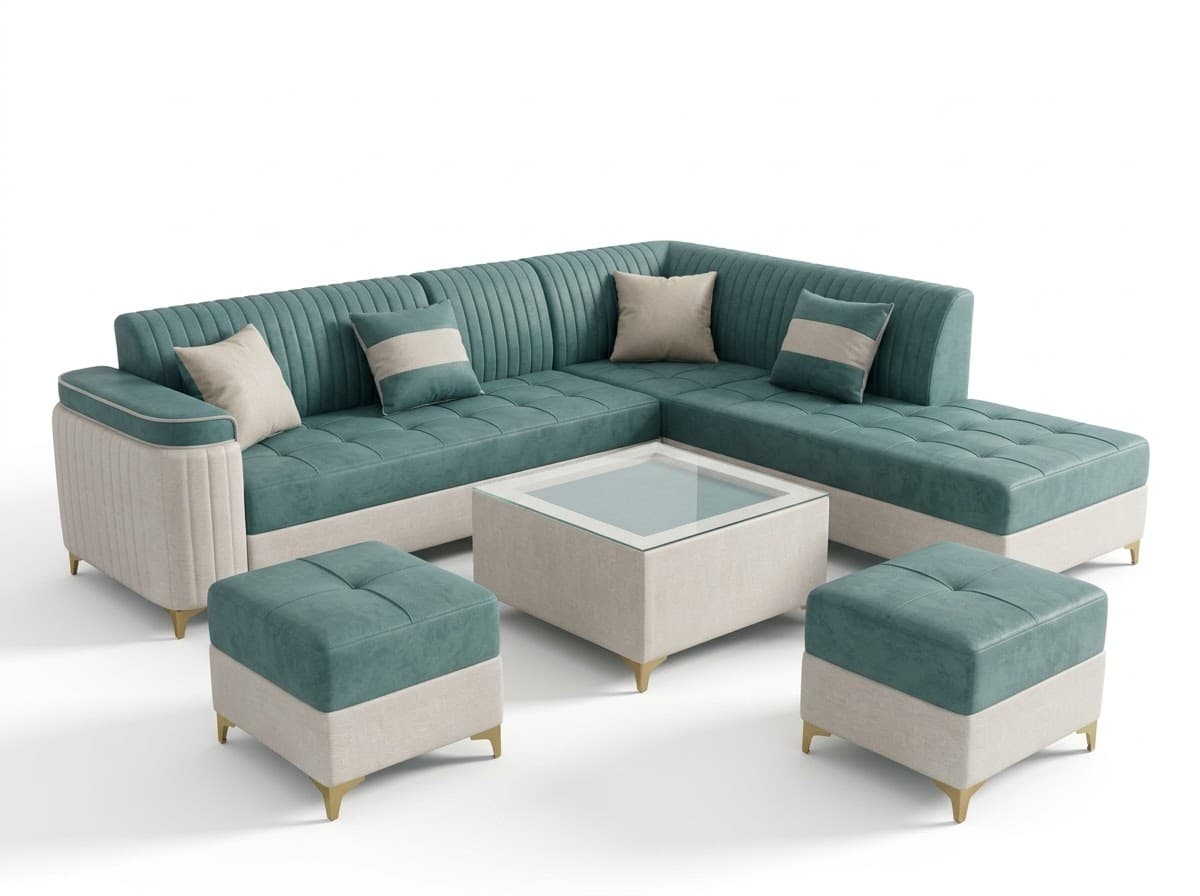Teal & White L-Shaped Sectional Sofa 4